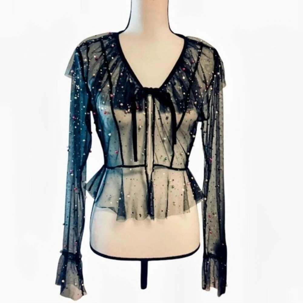 Honey Punch Black Sheer Mesh Pearl Embellished Peplum Tie Front Top Small - Picture 3 of 8